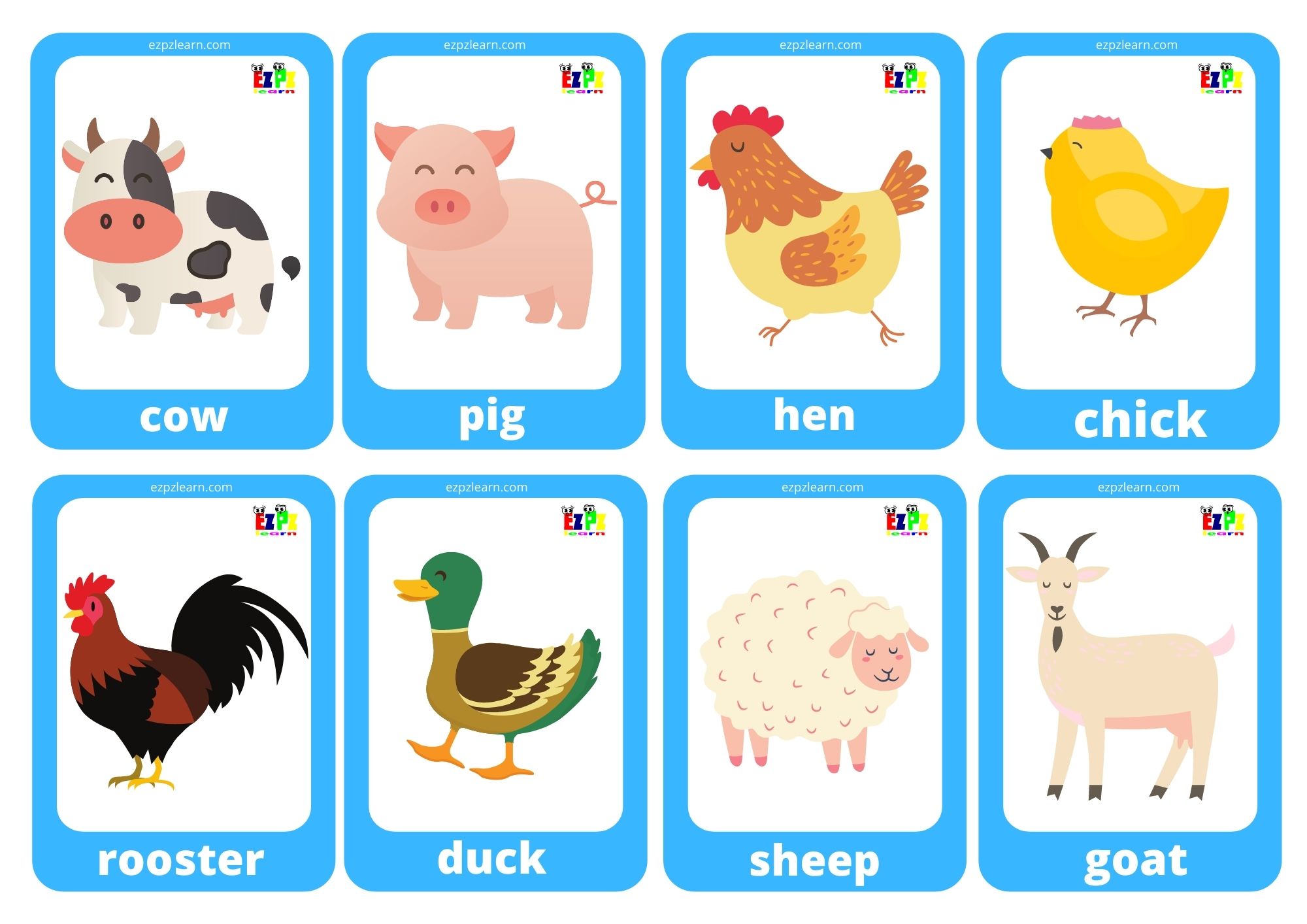 Farm Animals Game Cards / Mini Flashcards - Ezpzlearn.com